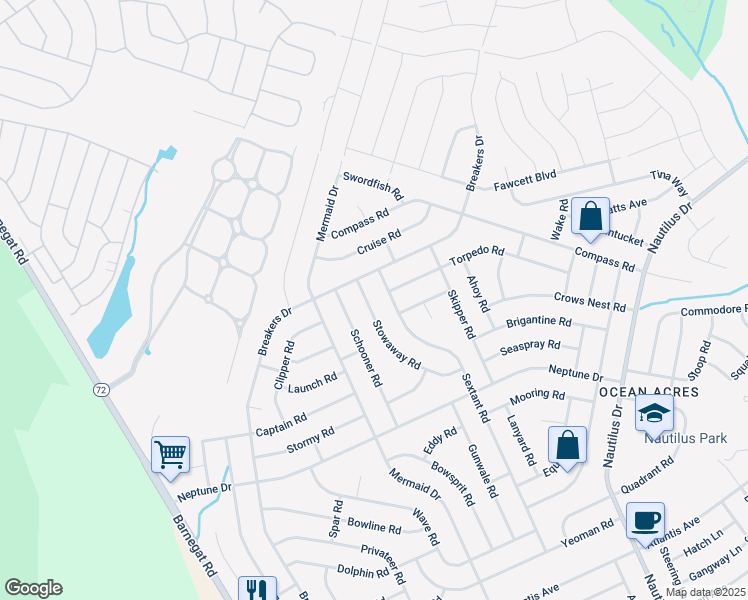 map of restaurants, bars, coffee shops, grocery stores, and more near 181 Stowaway Road in Stafford Township