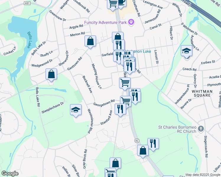 map of restaurants, bars, coffee shops, grocery stores, and more near 57 Meeting House Lane in Washington Township