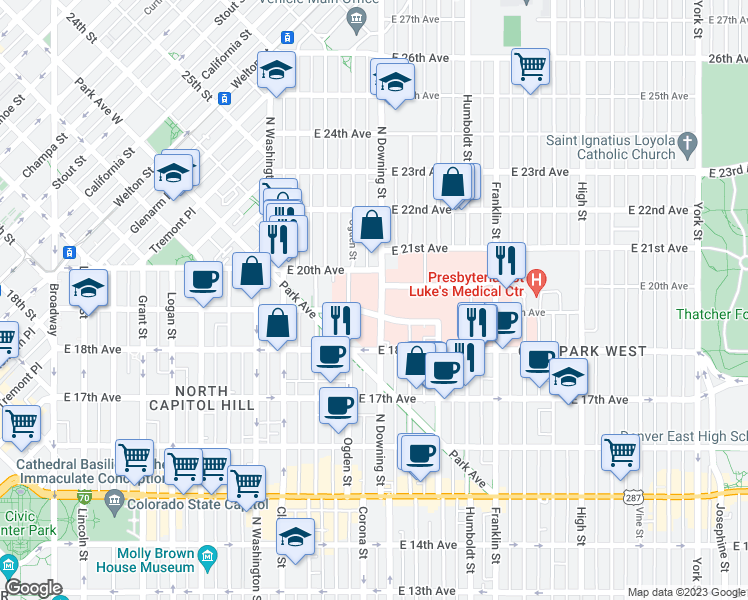 map of restaurants, bars, coffee shops, grocery stores, and more near 1056 East 19th Avenue in Denver