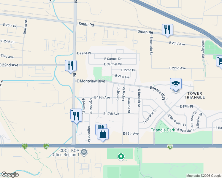 map of restaurants, bars, coffee shops, grocery stores, and more near 1984 Biscay Street in Aurora