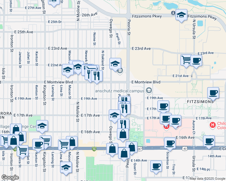 map of restaurants, bars, coffee shops, grocery stores, and more near 11940 East Montview Boulevard in Aurora