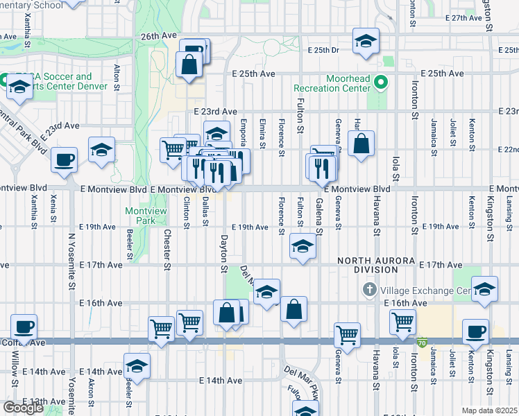 map of restaurants, bars, coffee shops, grocery stores, and more near 1980 Elmira Street in Aurora