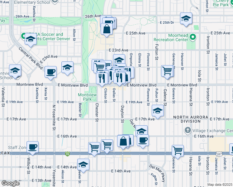 map of restaurants, bars, coffee shops, grocery stores, and more near 1971 Dayton Street in Aurora
