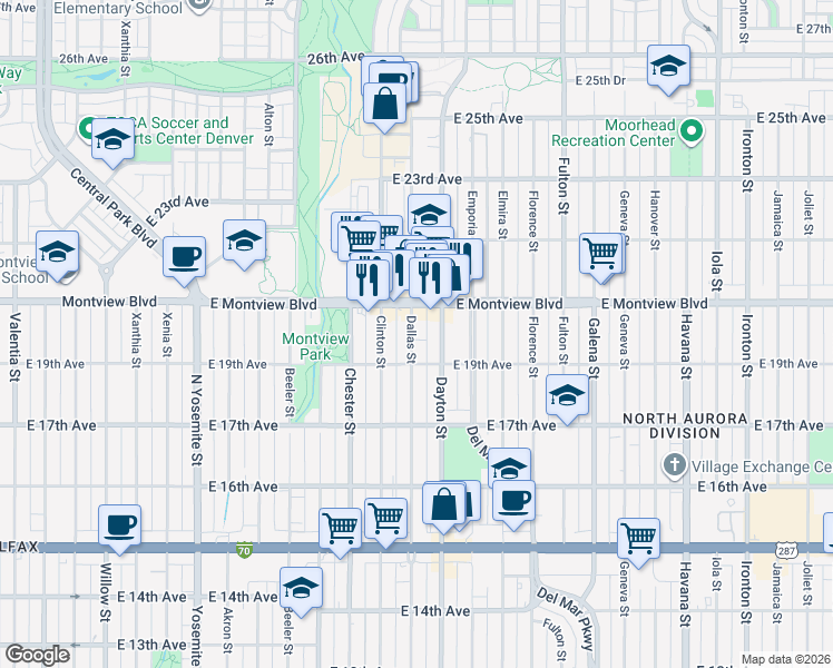 map of restaurants, bars, coffee shops, grocery stores, and more near in Aurora
