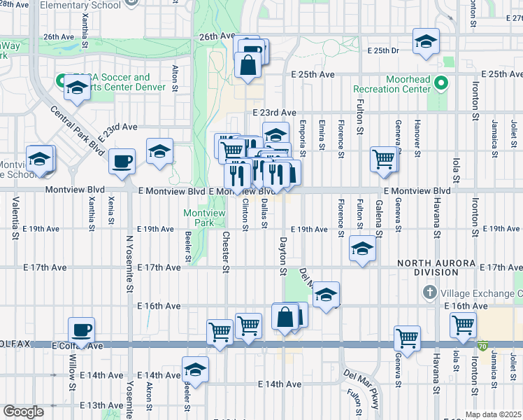 map of restaurants, bars, coffee shops, grocery stores, and more near 9538 East Montview Boulevard in Aurora