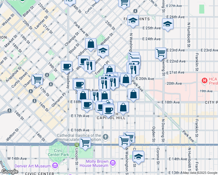 map of restaurants, bars, coffee shops, grocery stores, and more near 1958 Logan Street in Denver