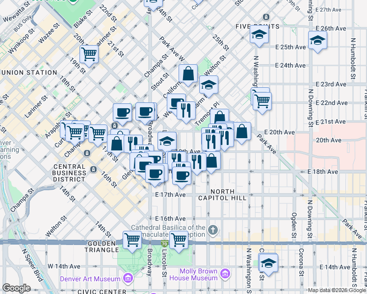 map of restaurants, bars, coffee shops, grocery stores, and more near 1955 Sherman Street in Denver