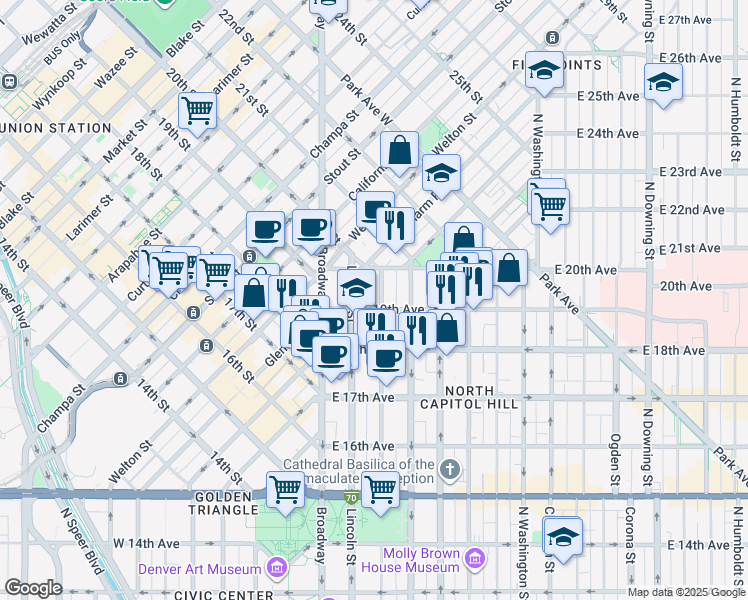map of restaurants, bars, coffee shops, grocery stores, and more near 1955 Sherman Street in Denver