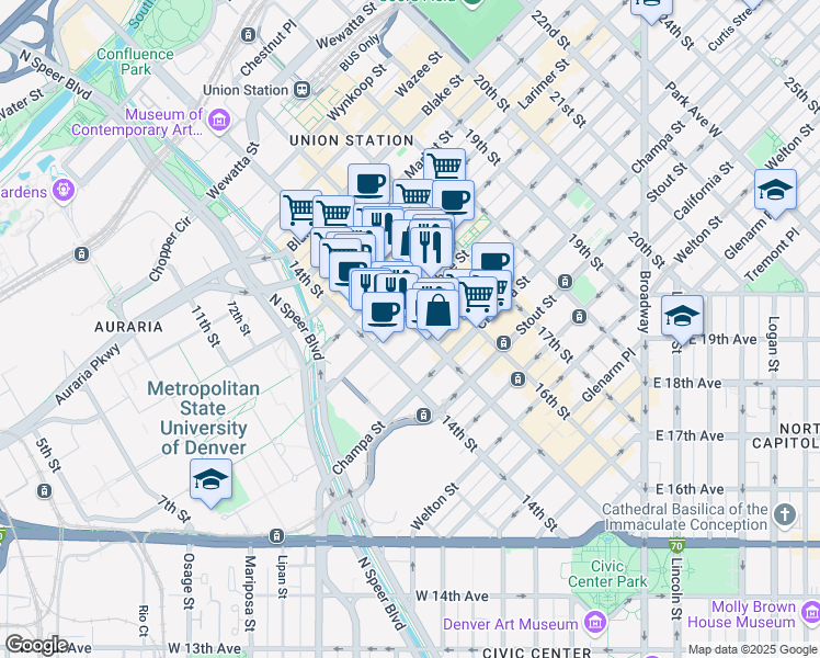 map of restaurants, bars, coffee shops, grocery stores, and more near 1455 Arapahoe Street in Denver