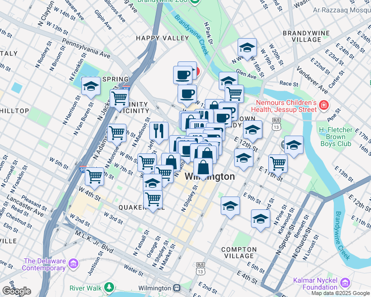 map of restaurants, bars, coffee shops, grocery stores, and more near in Wilmington