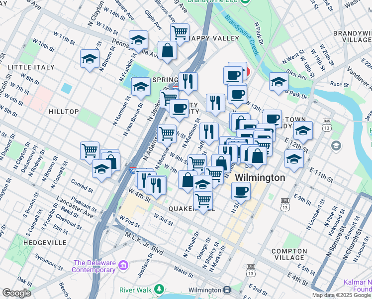 map of restaurants, bars, coffee shops, grocery stores, and more near 849 North Madison Street in Wilmington