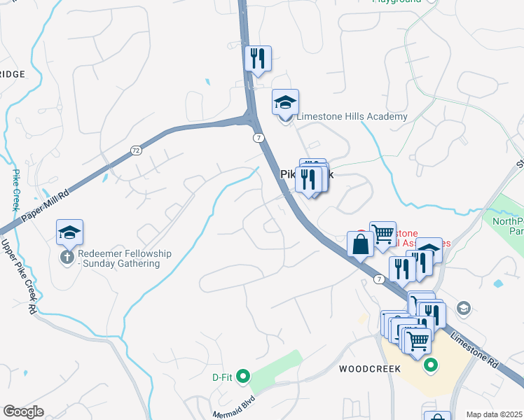 map of restaurants, bars, coffee shops, grocery stores, and more near in Pike Creek