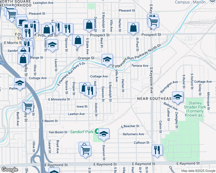 map of restaurants, bars, coffee shops, grocery stores, and more near 1521 South Randolph Street in Indianapolis