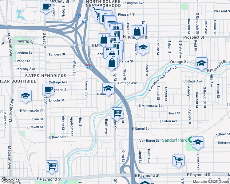 map of restaurants, bars, coffee shops, grocery stores, and more near 1537 Barth Avenue in Indianapolis