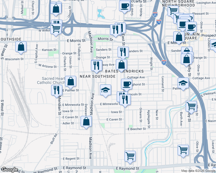 map of restaurants, bars, coffee shops, grocery stores, and more near 1448 South Alabama Street in Indianapolis