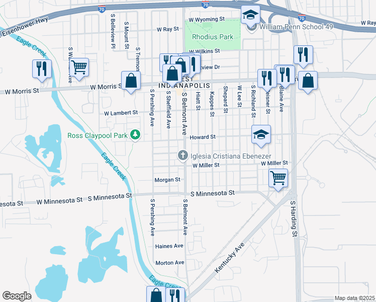 map of restaurants, bars, coffee shops, grocery stores, and more near 2013 Howard Street in Indianapolis
