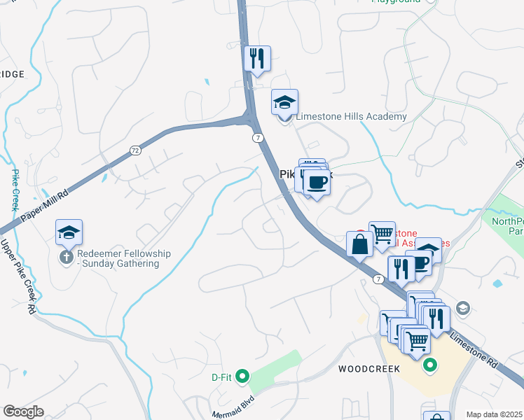 map of restaurants, bars, coffee shops, grocery stores, and more near in Pike Creek