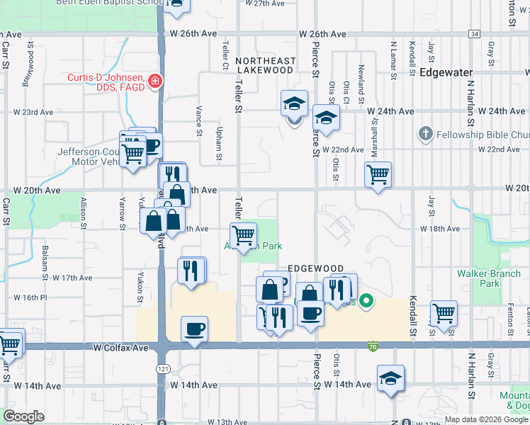 map of restaurants, bars, coffee shops, grocery stores, and more near 7020 West 20th Avenue in Lakewood