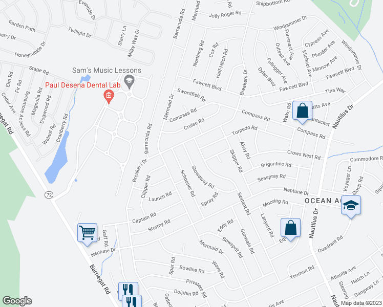 map of restaurants, bars, coffee shops, grocery stores, and more near 181 Stowaway Road in Stafford Township