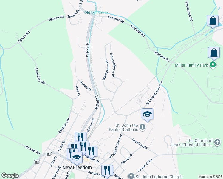 map of restaurants, bars, coffee shops, grocery stores, and more near 4 Washington Road in New Freedom