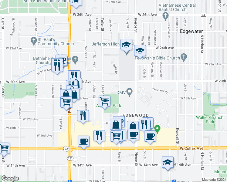 map of restaurants, bars, coffee shops, grocery stores, and more near 7040 West 20th Avenue in Lakewood