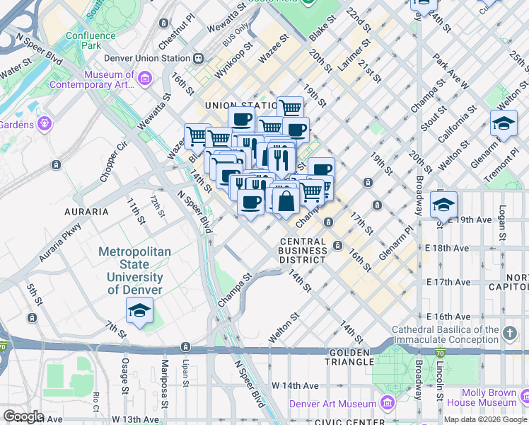 map of restaurants, bars, coffee shops, grocery stores, and more near 1455 Arapahoe Street in Denver