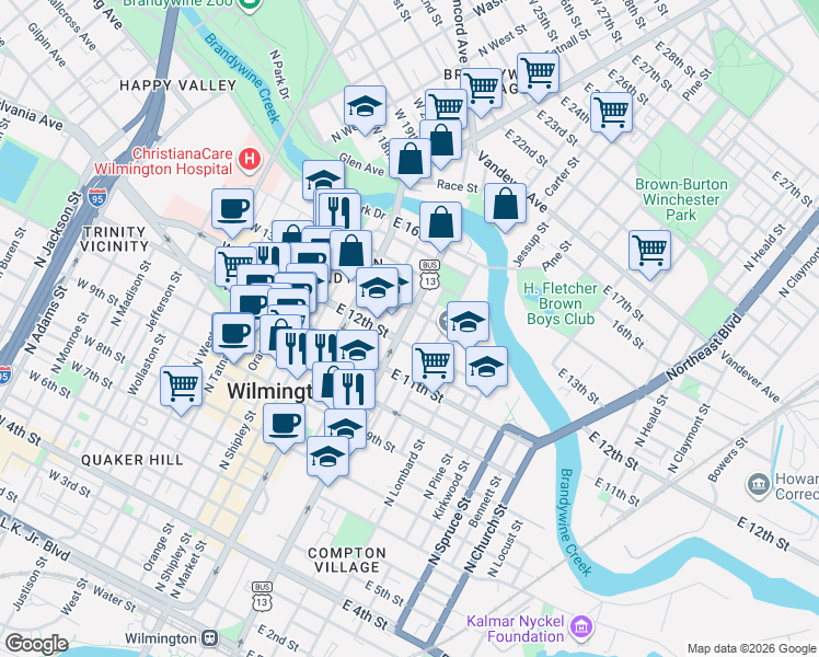 map of restaurants, bars, coffee shops, grocery stores, and more near 307 East 13th Street in Wilmington