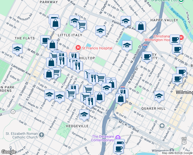 map of restaurants, bars, coffee shops, grocery stores, and more near 501 North Franklin Street in Wilmington