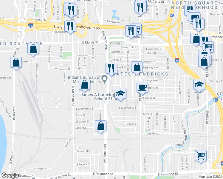 map of restaurants, bars, coffee shops, grocery stores, and more near 1514 Kennington Street in Indianapolis