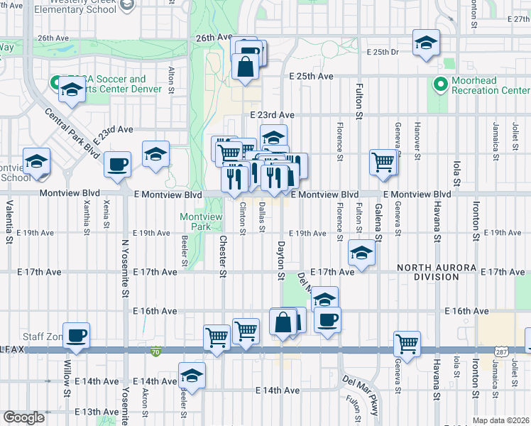 map of restaurants, bars, coffee shops, grocery stores, and more near in Aurora