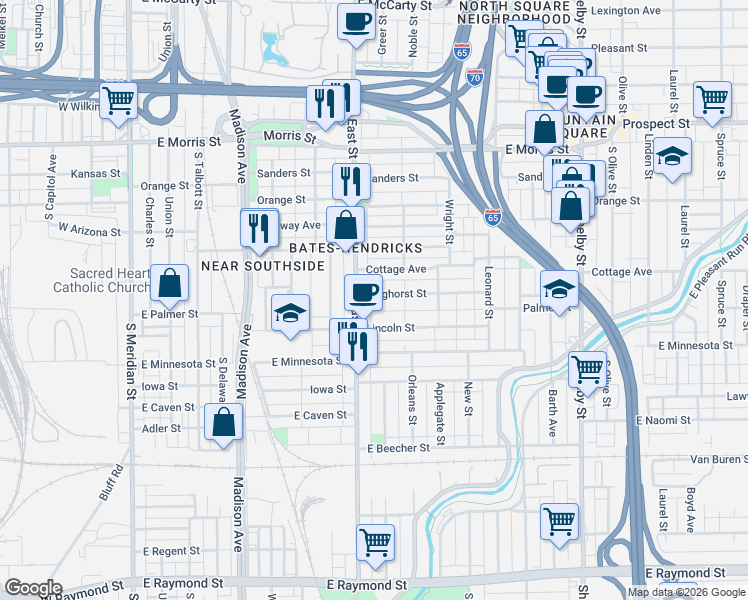 map of restaurants, bars, coffee shops, grocery stores, and more near 614 Weghorst Street in Indianapolis