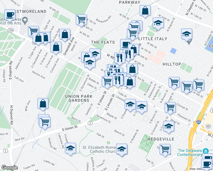 map of restaurants, bars, coffee shops, grocery stores, and more near 11 South Union Street in Wilmington
