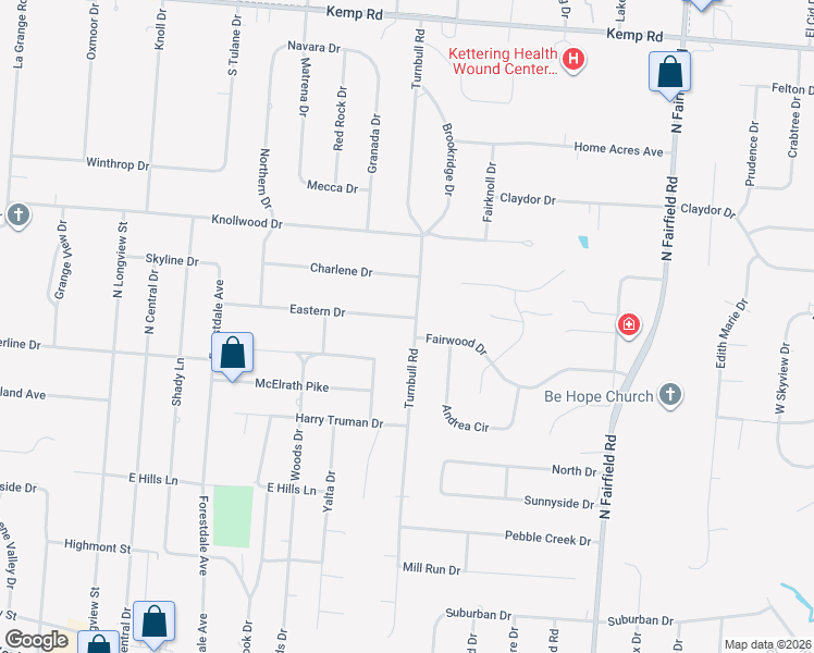 map of restaurants, bars, coffee shops, grocery stores, and more near 3538 Eastern Drive in Dayton