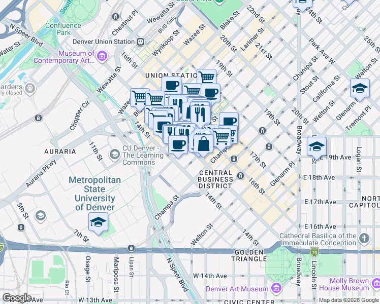 map of restaurants, bars, coffee shops, grocery stores, and more near in Denver
