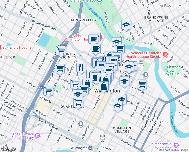 map of restaurants, bars, coffee shops, grocery stores, and more near 300 Delaware Avenue in Wilmington