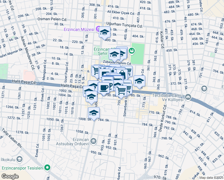 map of restaurants, bars, coffee shops, grocery stores, and more near Fevzi Paşa Caddesi (75. Yıl Blv.) in Erzincan