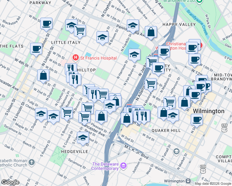 map of restaurants, bars, coffee shops, grocery stores, and more near 1102 West 7th Street in Wilmington