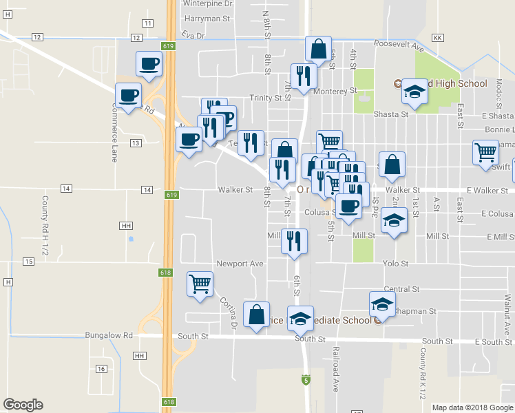 map of restaurants, bars, coffee shops, grocery stores, and more near 736 8th Street in Orland