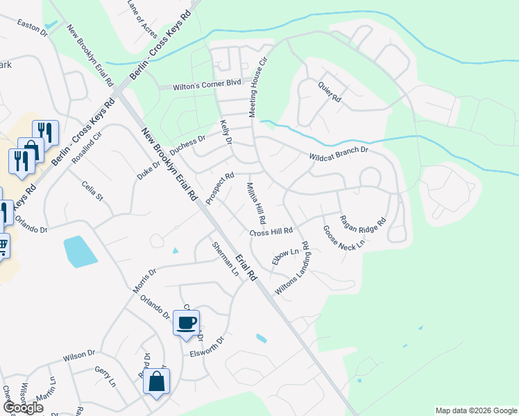 map of restaurants, bars, coffee shops, grocery stores, and more near 8 Cowpath Court in Winslow Township