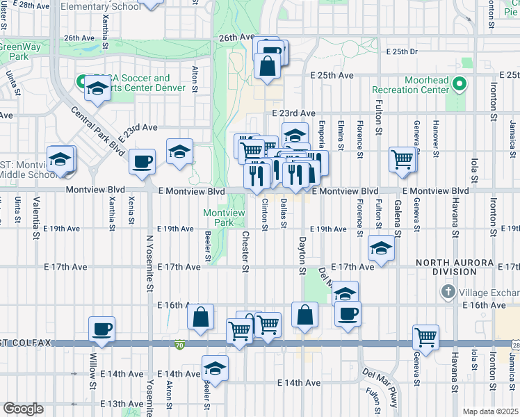 map of restaurants, bars, coffee shops, grocery stores, and more near 1951 Clinton Street in Aurora