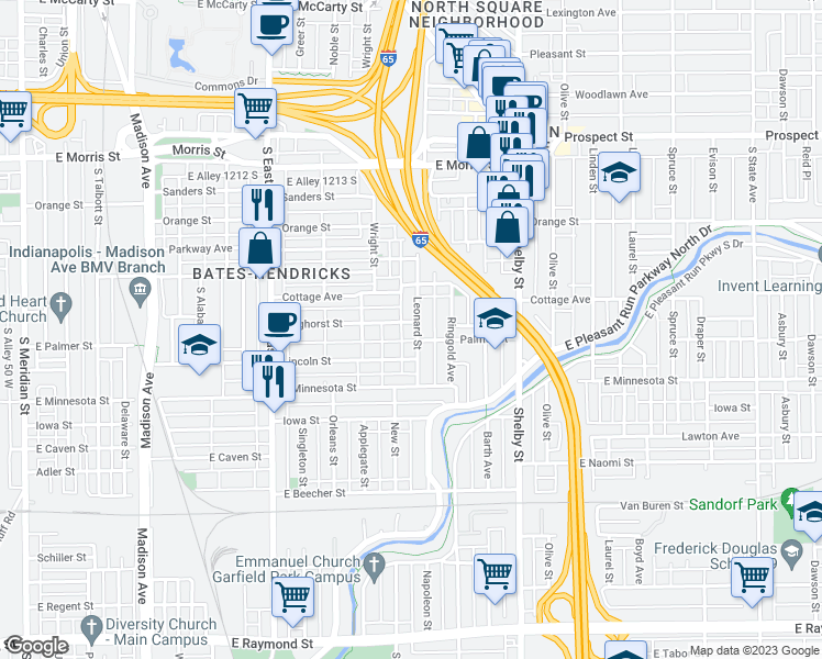 map of restaurants, bars, coffee shops, grocery stores, and more near 1546 Leonard Street in Indianapolis