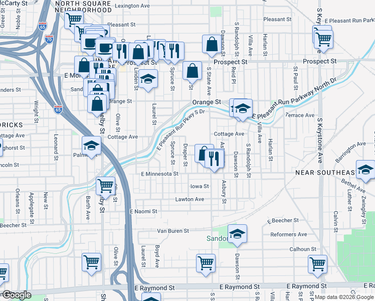 map of restaurants, bars, coffee shops, grocery stores, and more near 1518 Draper Street in Indianapolis