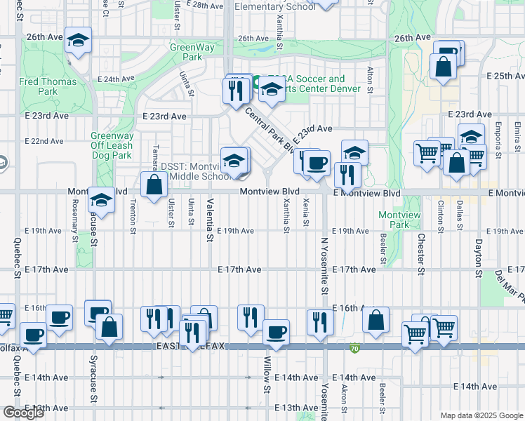 map of restaurants, bars, coffee shops, grocery stores, and more near 1972 Wabash Street in Denver
