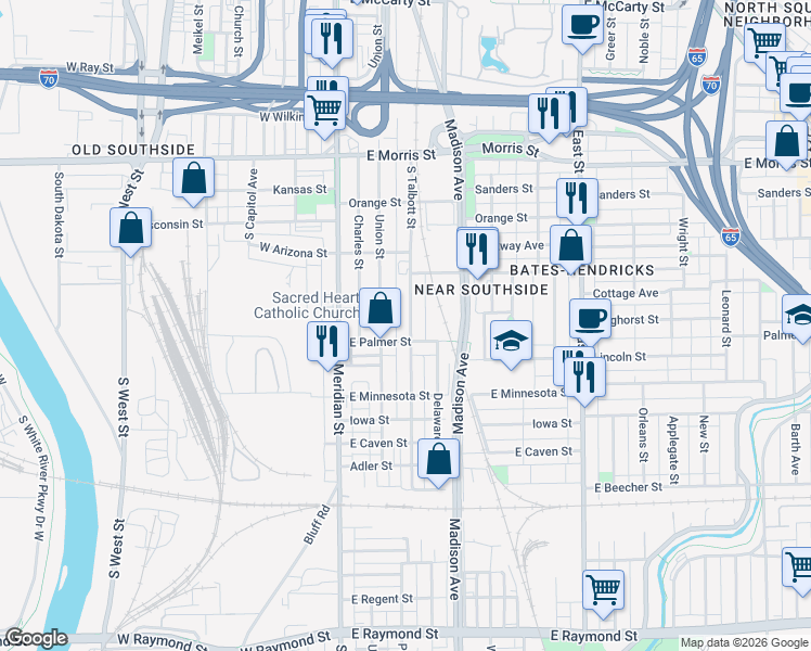 map of restaurants, bars, coffee shops, grocery stores, and more near 1509 Union Street in Indianapolis