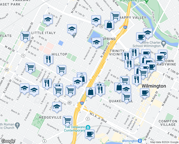 map of restaurants, bars, coffee shops, grocery stores, and more near 1016 West 7th Street in Wilmington