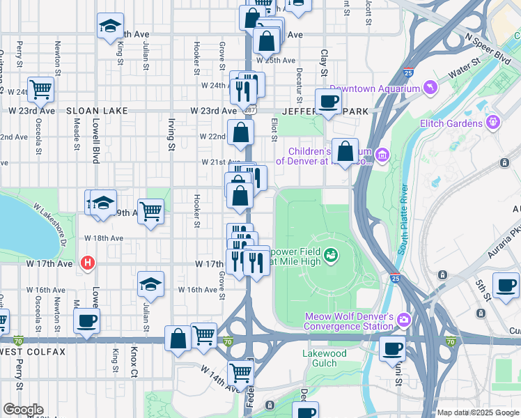 map of restaurants, bars, coffee shops, grocery stores, and more near 1941 Eliot Street in Denver