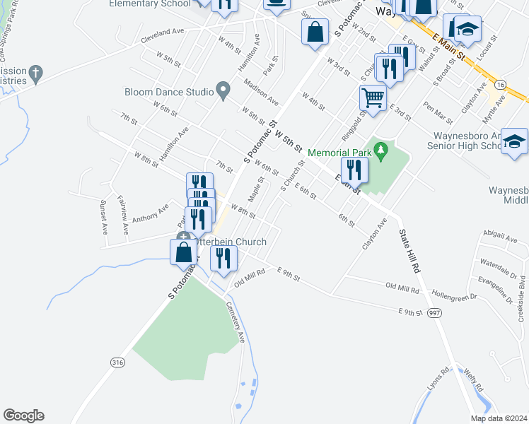 map of restaurants, bars, coffee shops, grocery stores, and more near 562 South Church Street in Waynesboro