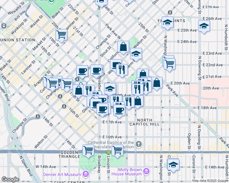 map of restaurants, bars, coffee shops, grocery stores, and more near 1915 Sherman Street in Denver