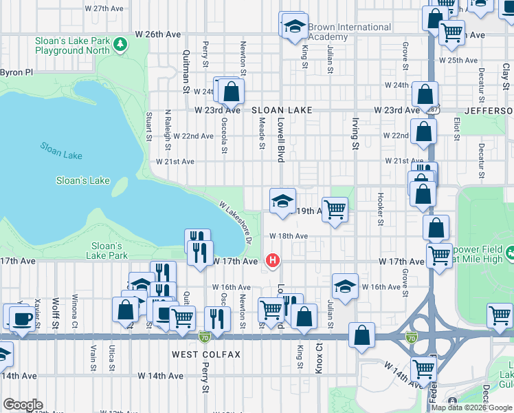 map of restaurants, bars, coffee shops, grocery stores, and more near 1901 Meade Street in Denver