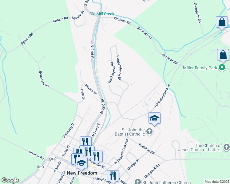map of restaurants, bars, coffee shops, grocery stores, and more near 6 Washington Road in New Freedom
